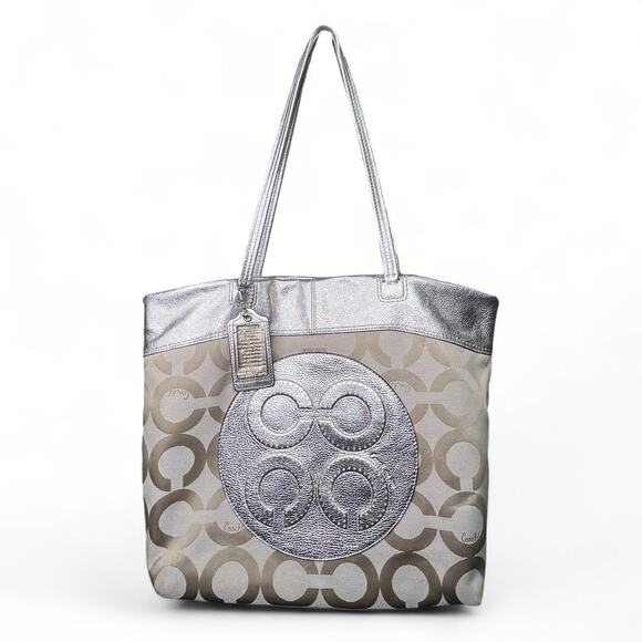 Coach Julia Op Art Perry Tote Khaki tan Jacquard and pewter leather trim - Picture 1 of 13
